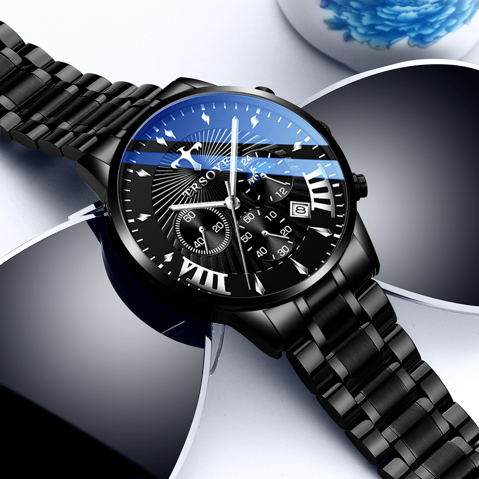 trsoye手表男爆款钢带夜光男表石英表商务时尚非机械表多功能