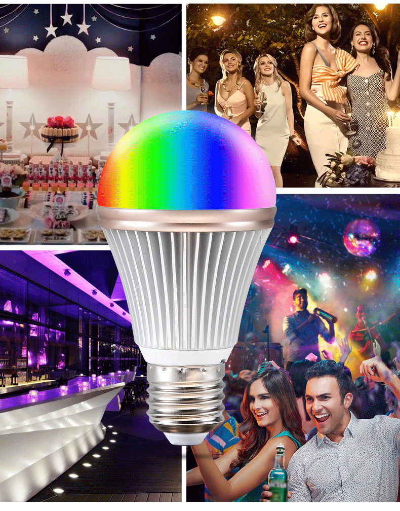 跨境七彩遥控球泡灯智能rgb调光变色酒吧ktv气氛灯e27节能灯高亮
