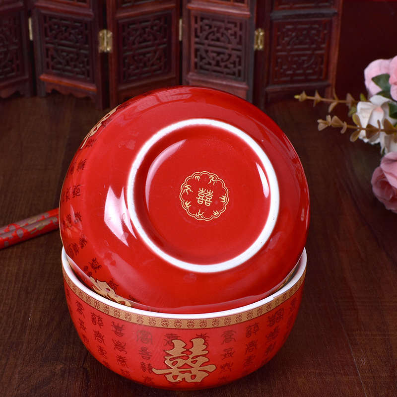 New Bowl Chinese Chaozhou Glazed Wedding Ceramics Bowl Set Wedding Supplies Xi Character Bowl Spoon Chopsticks Set Wholesale