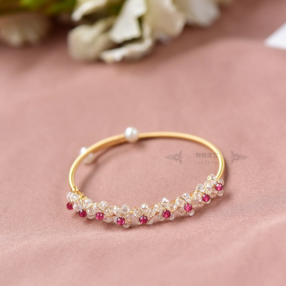 原创奥地利水晶手镯手链女红色尖晶石水晶手镯14k包金手工绕线