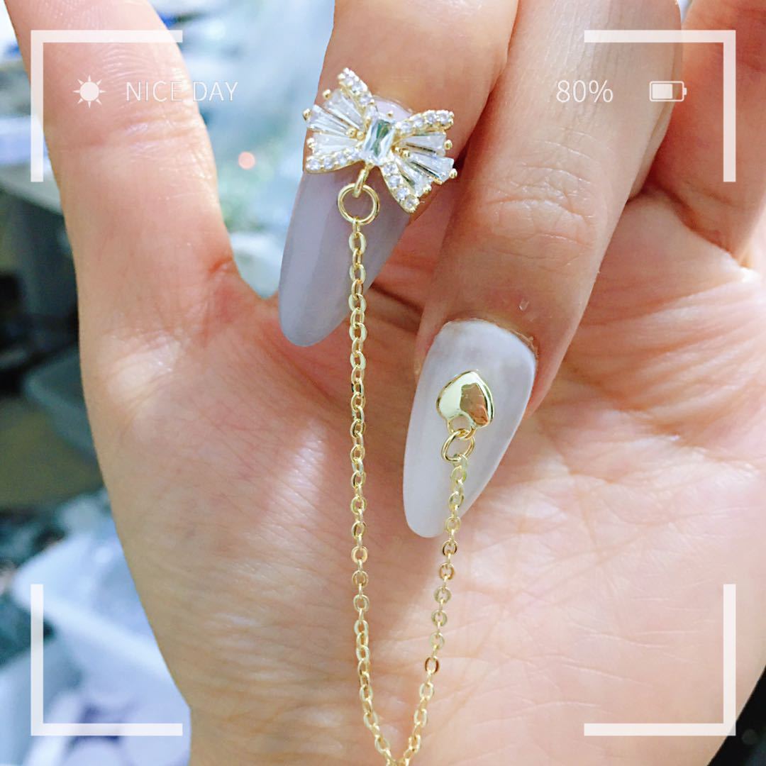 新款美甲锆石镀真金链条饰品金色白k ins网红同款蝴蝶结锆石链条