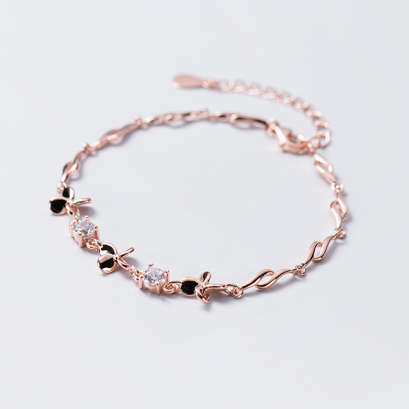 爱洛奇 s925银女韩版时尚甜美四瓣花手链气质镶钻花朵手饰品s3988