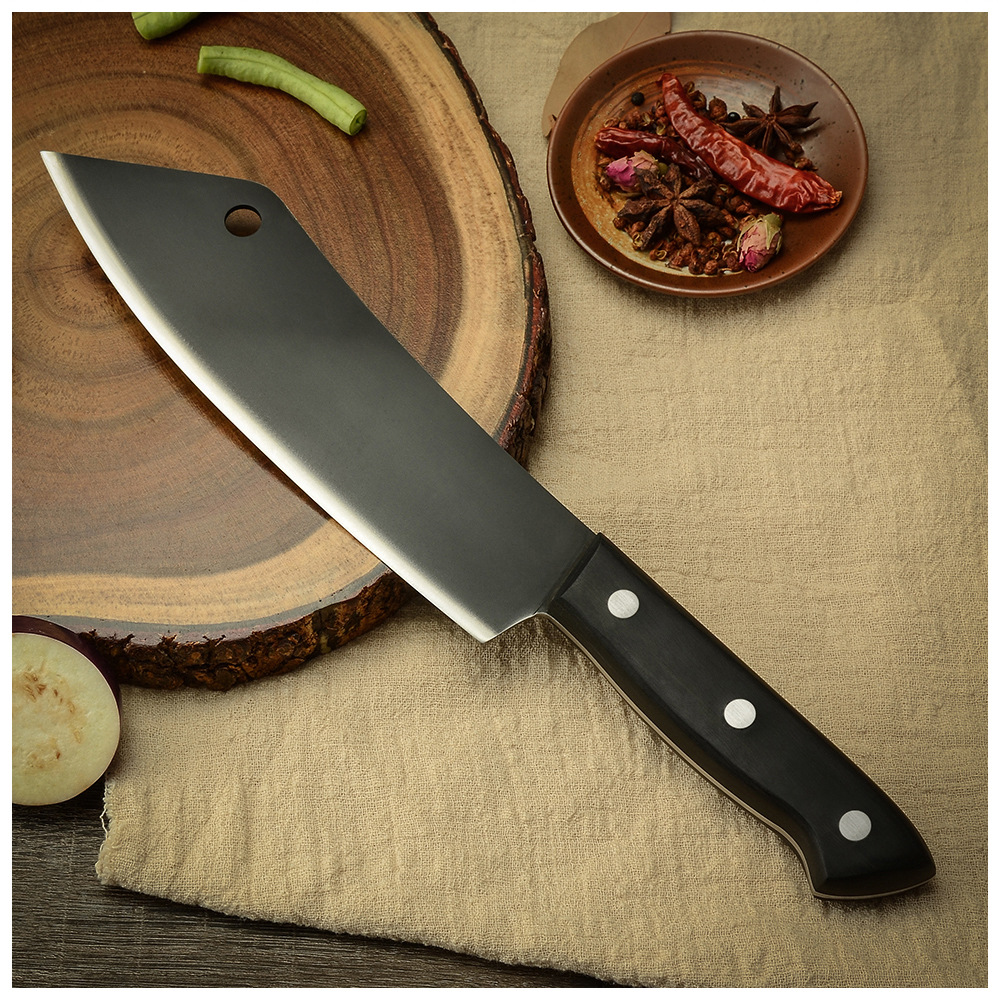 8寸尖头主厨刀 发黑刀面 黑彩木带孔菜刀 西式料理厨刀 庖丁牛刀