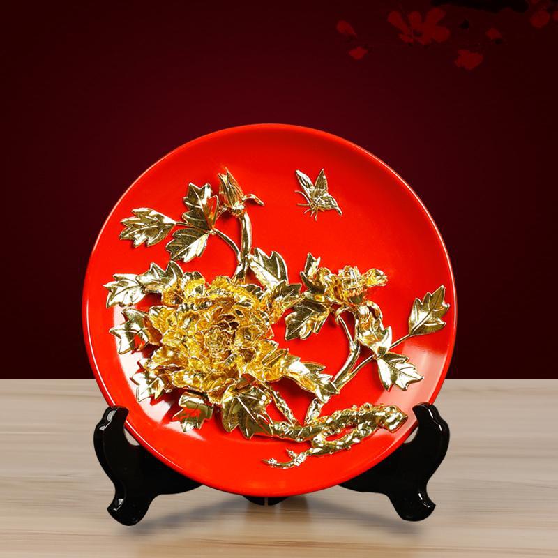 牡丹花挂盘子摆件漆线雕客厅家居装饰现代简约结婚礼物工艺品摆设
