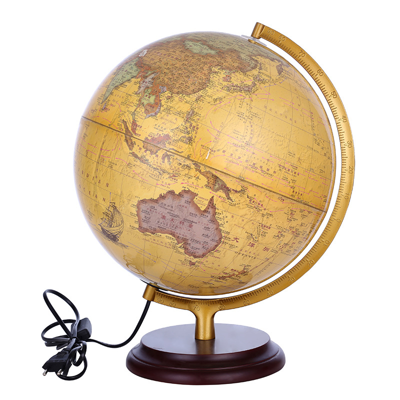 源头工厂铝合金支架木底座地球仪32cm中英双语版带灯光复古地球仪
