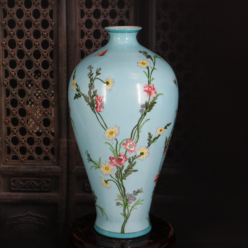 高45cm现代新中式手工彩绘梅瓶陶瓷鱼尾瓶家居工艺品桌面花瓶摆件