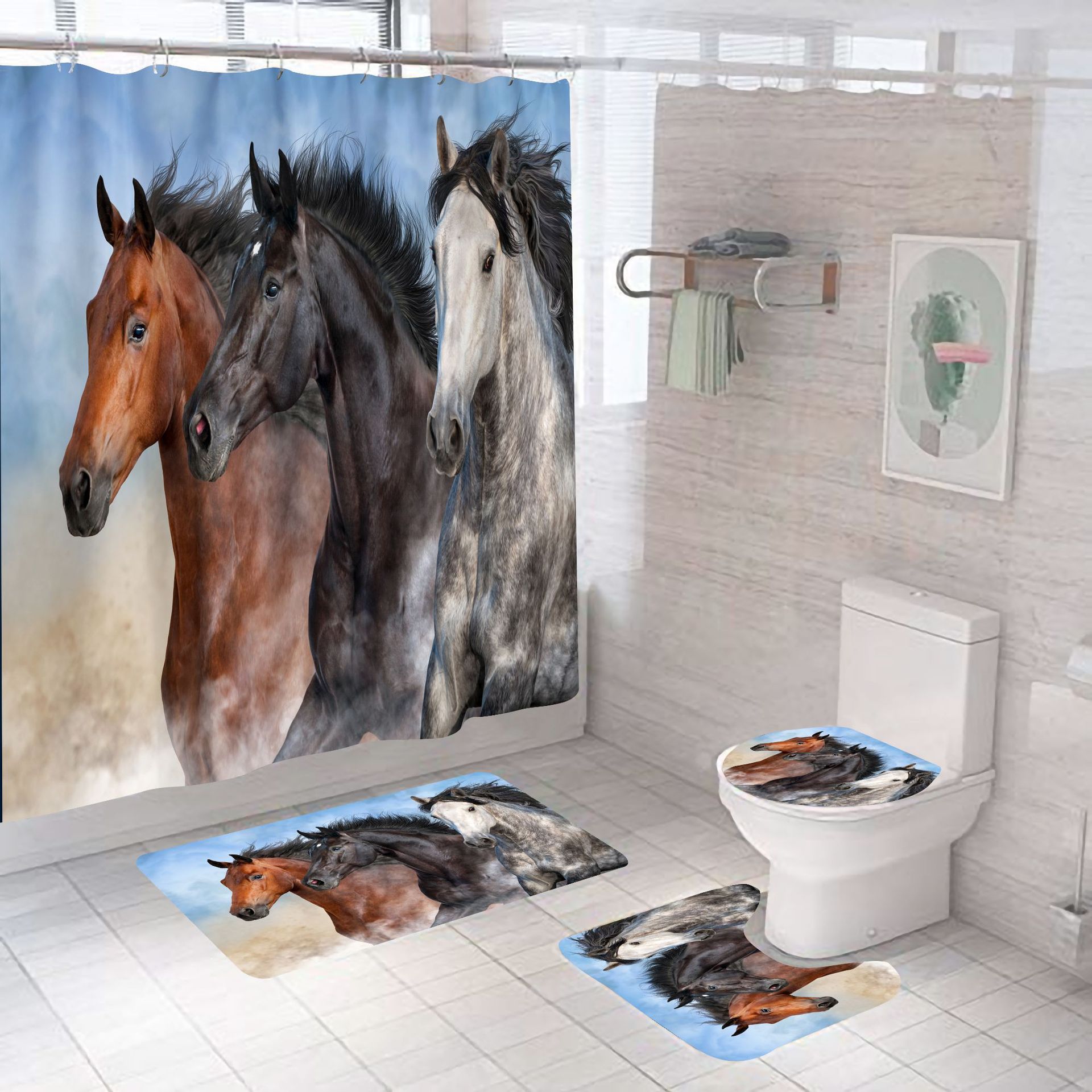 Cross-Border E-Commerce Horse Animal Shower Curtain Set Digital Printing Polyester Shower Curtain Punch-Free Bathroom Curtain Shower Curtain