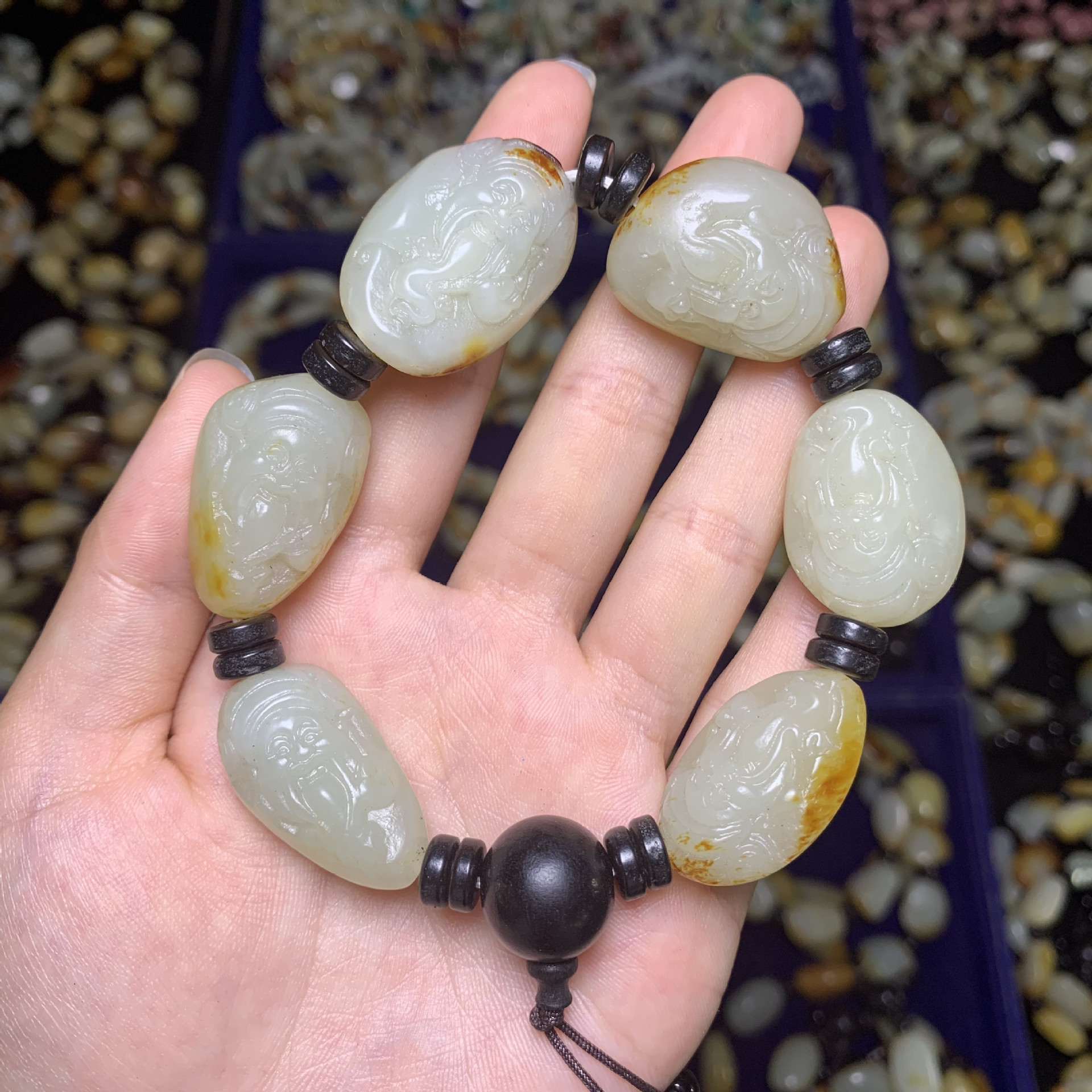 和田玉籽料佛头手链男女款俏色弥勒佛玉石手串招财笑佛珠串06110