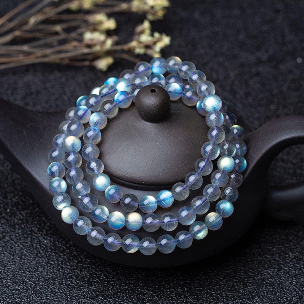 纯天然正品斯里兰卡水晶拉长石三圈手链女强彩光灰月光手串彩雾