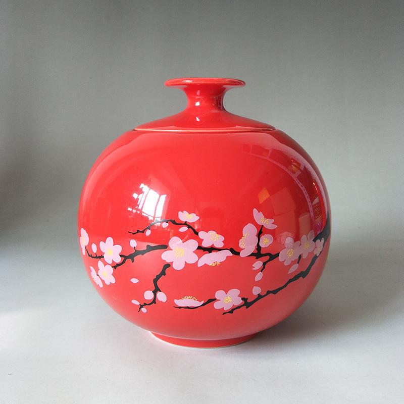 大号茶叶罐陶瓷罐密封存茶罐子纯色红色天地方圆摆件婚庆茶具梅花