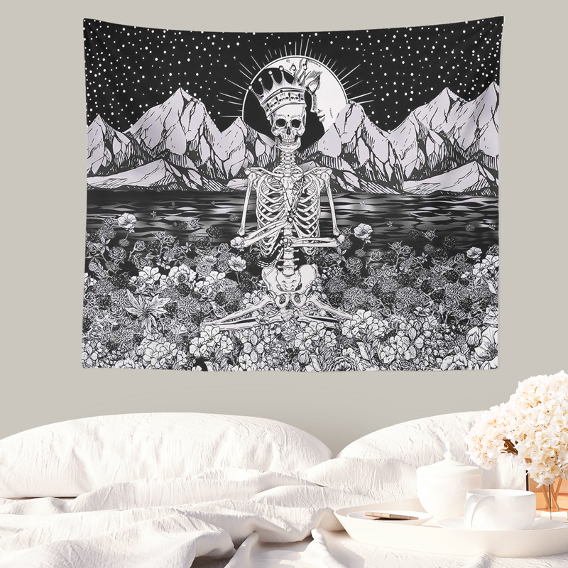跨境热销 欧美朋克风打坐国王骷髅山水画印花挂毯 家居装饰挂画
