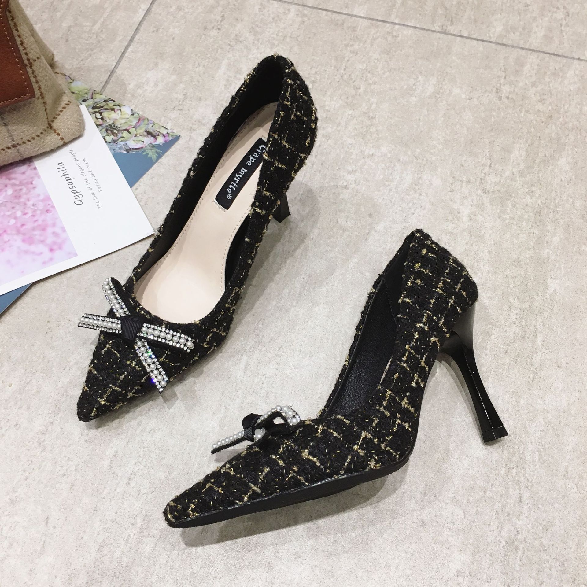 jsh2020春季新款单鞋女韩版浅口蝴蝶结拼色高跟鞋尖头时尚百搭工