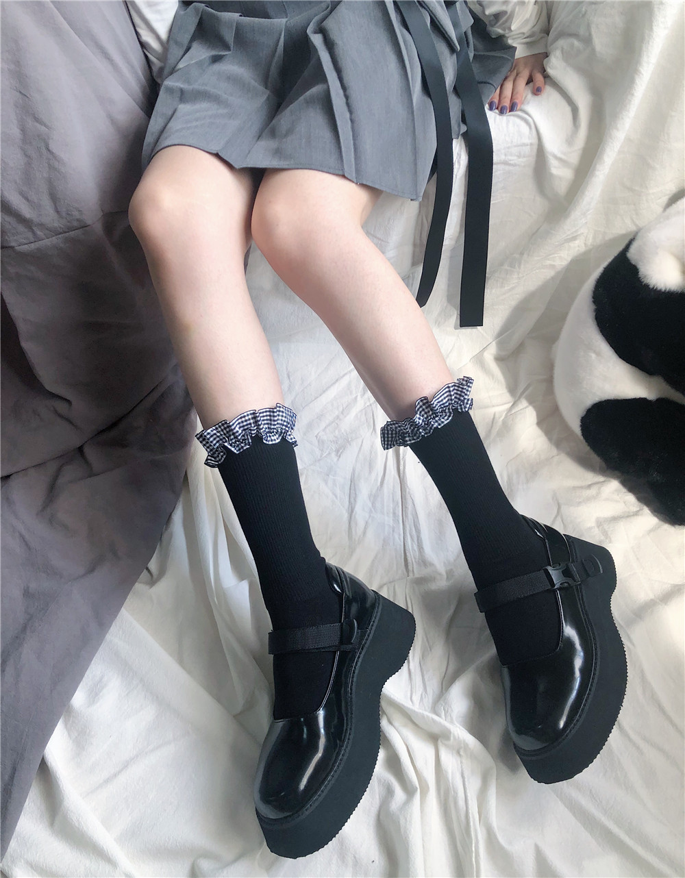 秋冬新品可爱复古格纹小花边堆堆袜jk软妹学院风全棉短袜小腿袜