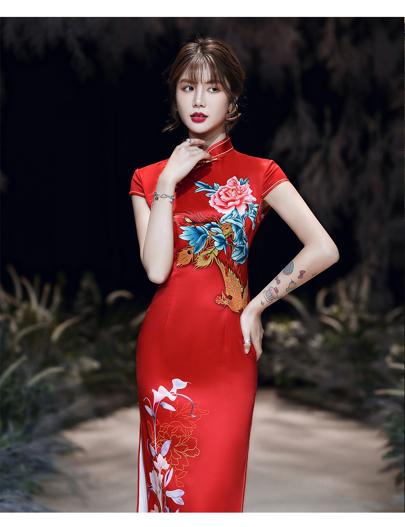 2020春夏新款旗袍年会修身时尚日常改良长款丝绸走秀旗袍连衣裙