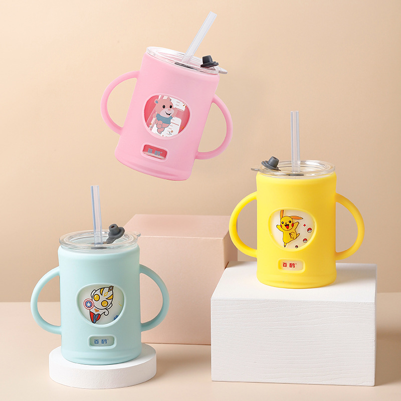 儿童牛奶杯带刻度杯硅胶杯套玻璃学饮杯母婴连锁杯子