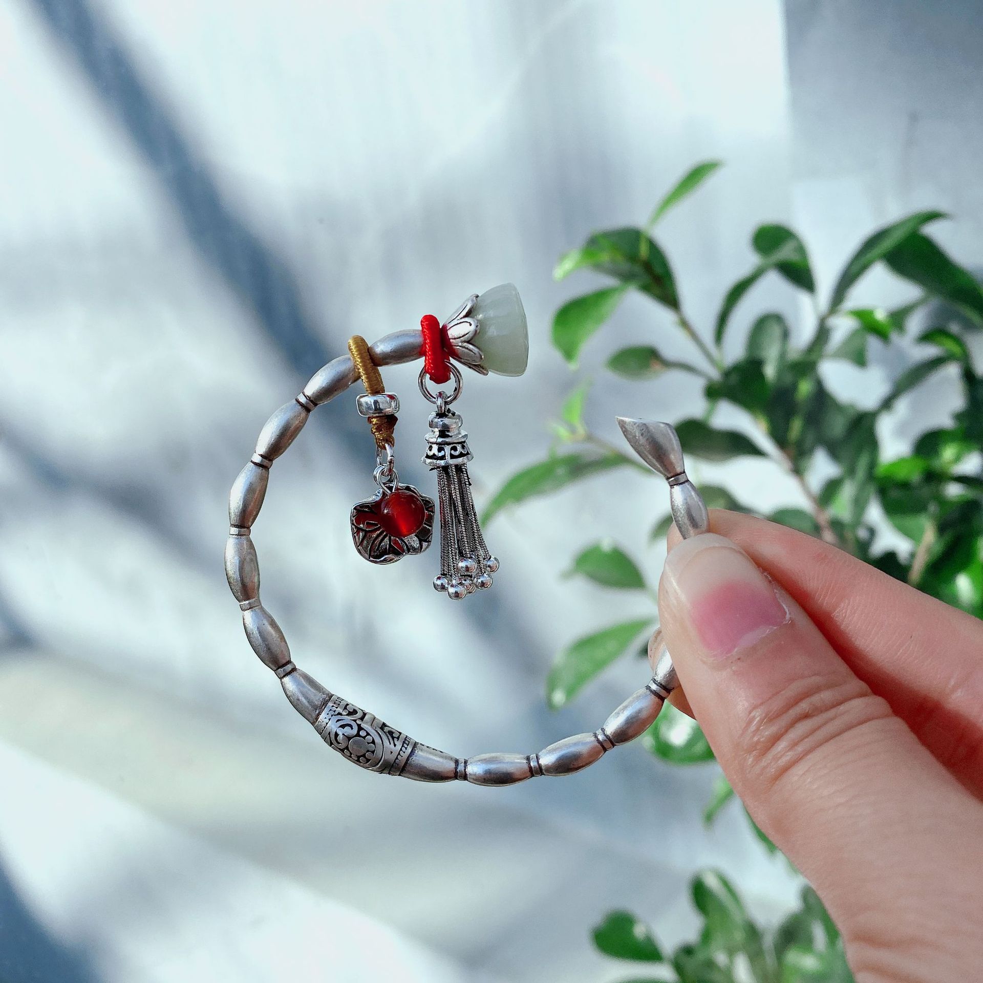 银手镯女民族风纯银实心国风复古流苏个性开口手工古风莲藕银镯子