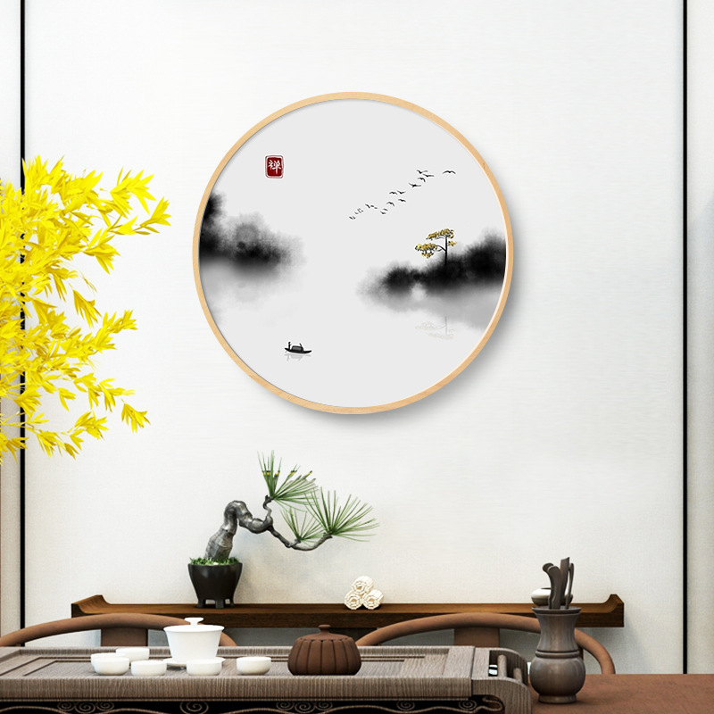 新中式禅意装饰画水墨意境山水画实木圆形框玄关客厅茶室书房挂画