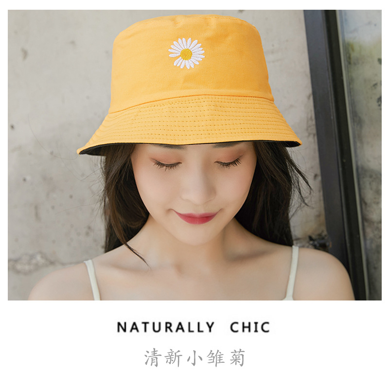 Double-Sided Little Daisy Bucket Hat Children's Fashion Korean Style Japanese Style Sun-Proof Basin Hat SUNFLOWER Chrysanthemum Embroidered Sun Hat Men