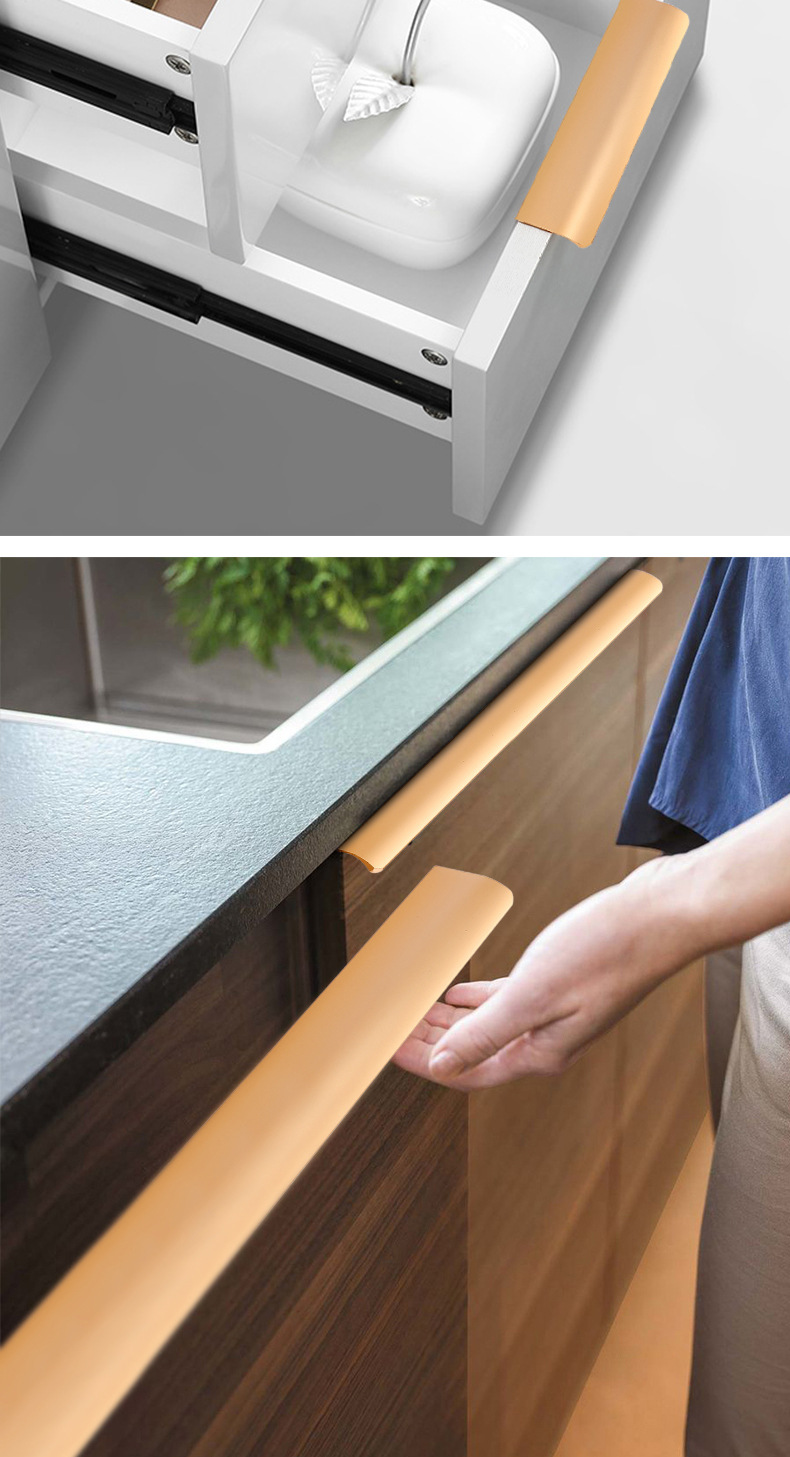 黑色免打孔暗藏长拉手美式橱柜衣柜门圆弧铝材防撞封边隐形铝拉手