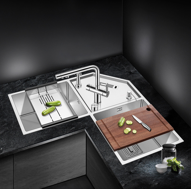 阿萨斯厨房转角水槽双槽拐角异形多功能不锈钢洗菜盆下沉式带刀架
