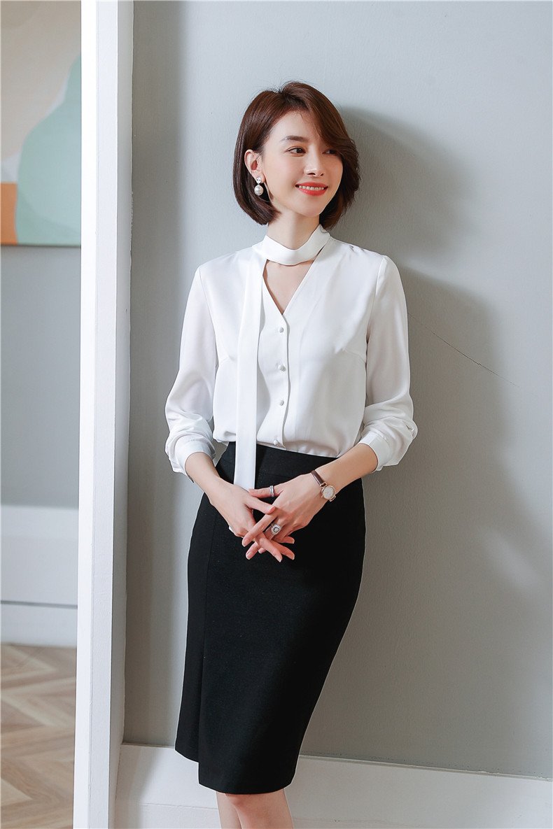 衬衫2020新款正装职业淑女名媛气质商务网红蝴蝶结v领系带jy8029