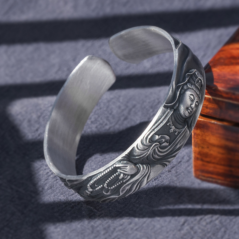 大理雪花银菩萨手镯999足银女式款足银复古做旧银饰银镯子原创