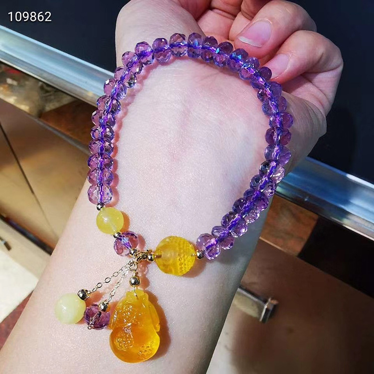 自然紫水晶盘珠手链搭配自然蜜蜡吊坠时尚典雅手串手环