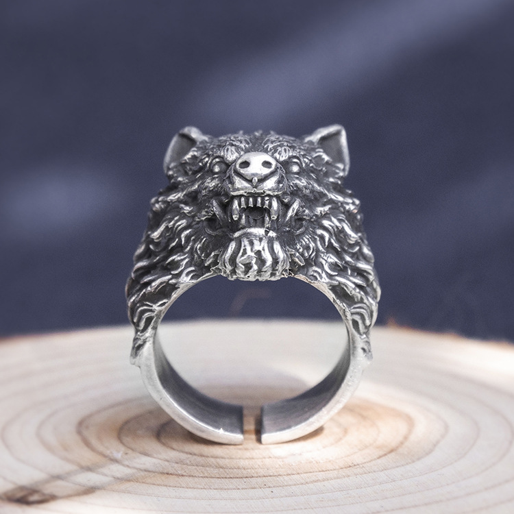 s999银饰品复古足银粗犷潮款霸气狼头狼王戒指 男士个性夸张指环