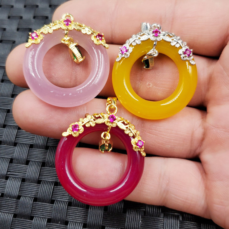 粉色玉石扣挂件黄色玉髓扣吊坠玉石环项链坠玉坠