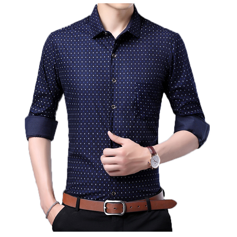 Spring and Autumn New Men's Loose Long-Sleeved Shirt Young and Middle-Aged Plaid Leisure Iron-Free Printed Thin Shirt Men's Wholesale