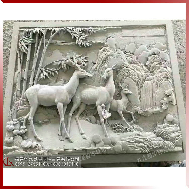 供应石雕梅花鹿浮雕 鹿竹同春石雕壁画 大门两边石材浮雕墙图案