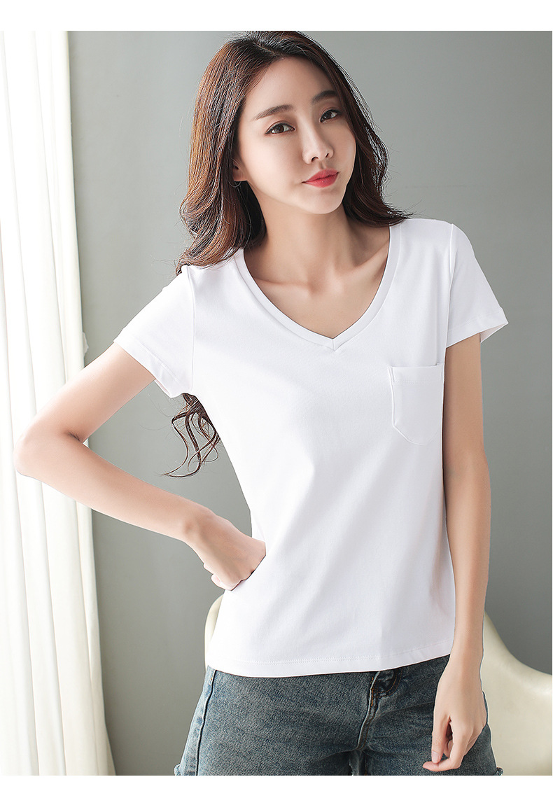 2021新品夏季口袋v领短袖t恤女白色修身韩版学生潮流个性打底衫