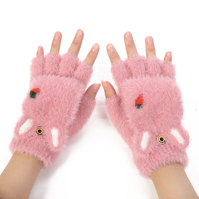 Female Winter Student Children Half Finger Flip Cartoon Plush Autumn and Winter Fleece Lined Padded Warm Keeping Gloves Wholesale