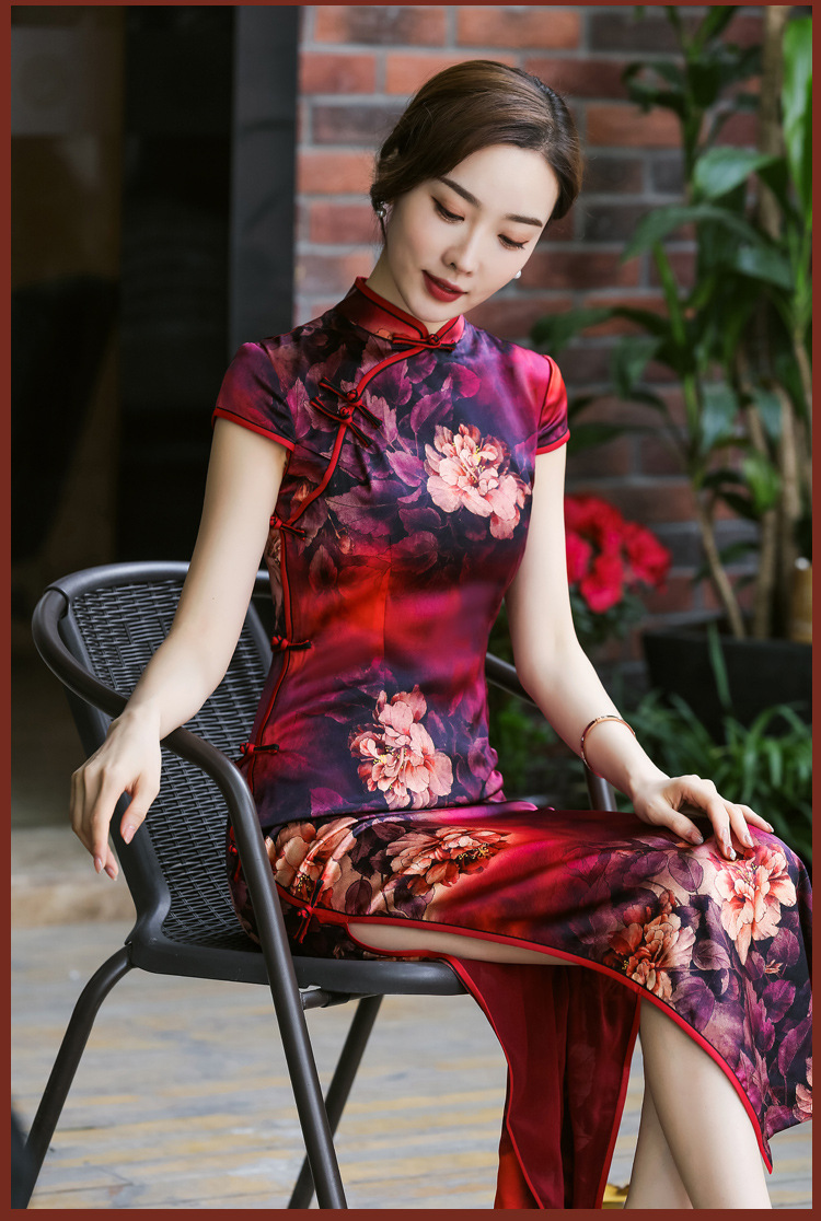 时尚复古真丝蚕丝长款旗袍bjs8030