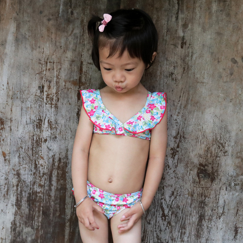 欧美外贸儿童泳衣214岁女童泳衣套装清新小碎花游泳衣工厂批发