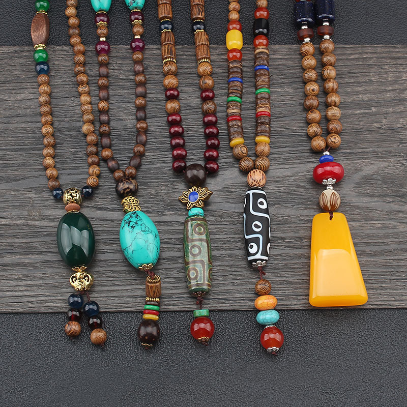 Ethnic Style Sweater Pendant Wooden Prayer Beads Necklace Men Autumn and Winter Simplicity All-Match Chinese Style Clothes Accessories Pendant Women