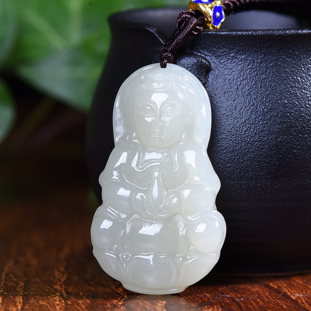 素身莲花抱净瓶观音吊坠和田白玉吊坠观世音菩萨项链玉坠