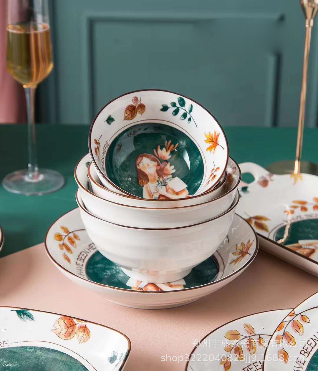热销网红小女孩美特隆秋天童话陶瓷餐具碗盘散件 陶瓷吃饭碗盘子