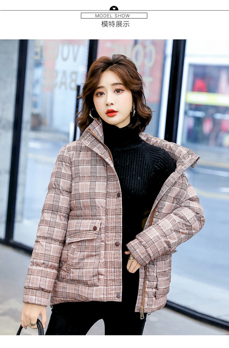 时尚气质棉服女2020年冬季新款韩版休闲舒适格纹棉袄外套