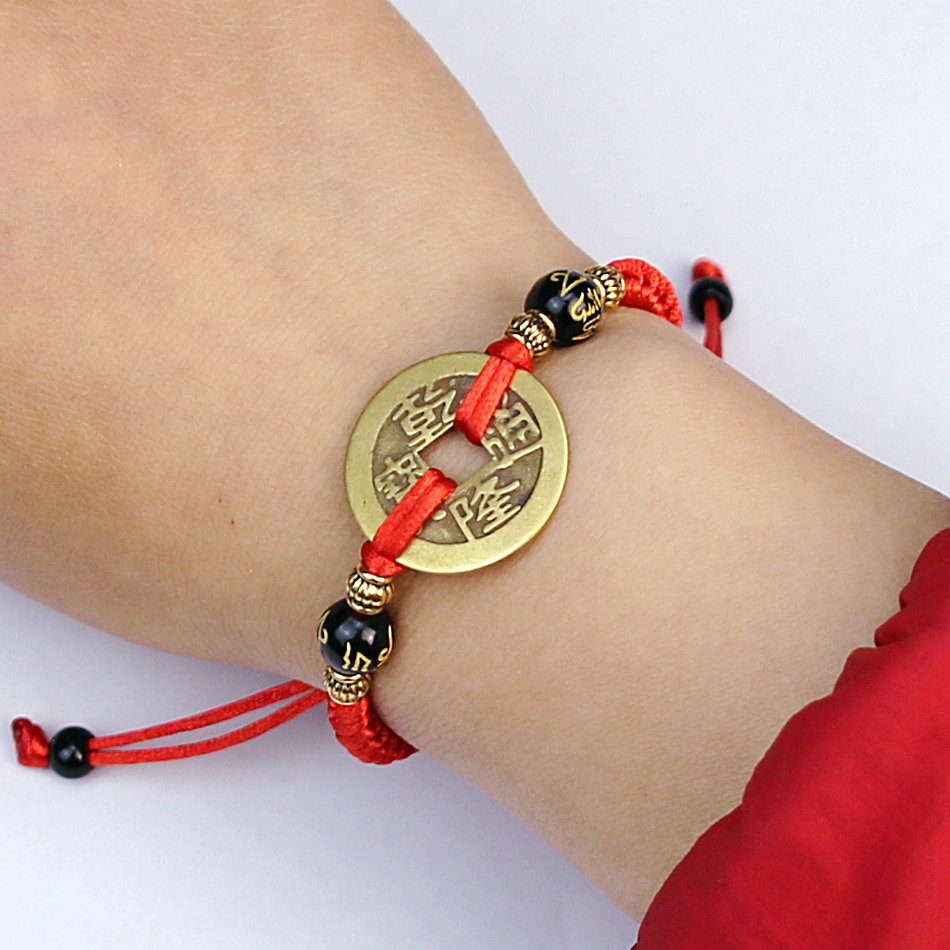 批发真铜铜钱手链手工编织男女本命年幸运红色金刚结红绳手链饰品