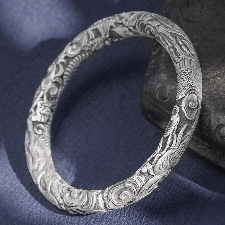 实心古法传承中国风龙凤呈祥银手镯女足银999纯手工银镯子