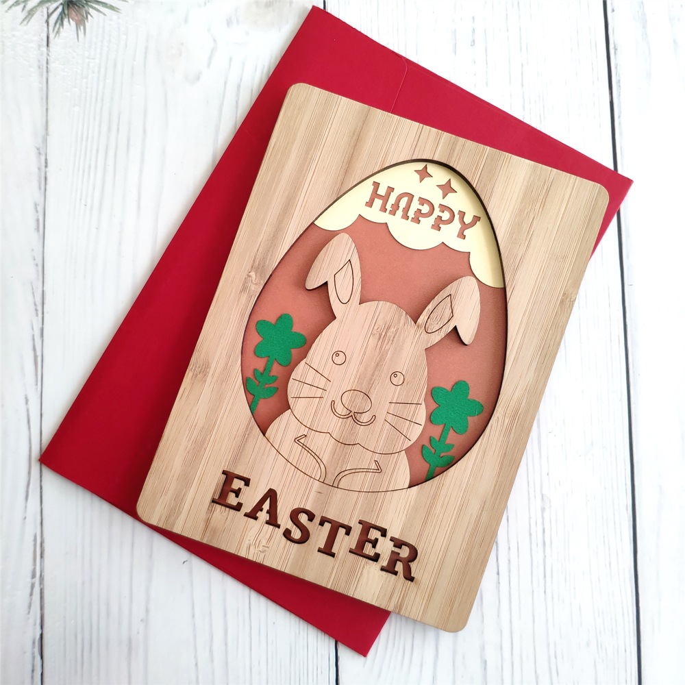2020 新款竹子复活节雪人祝福卡木质兔子卡片内页印刷可定制