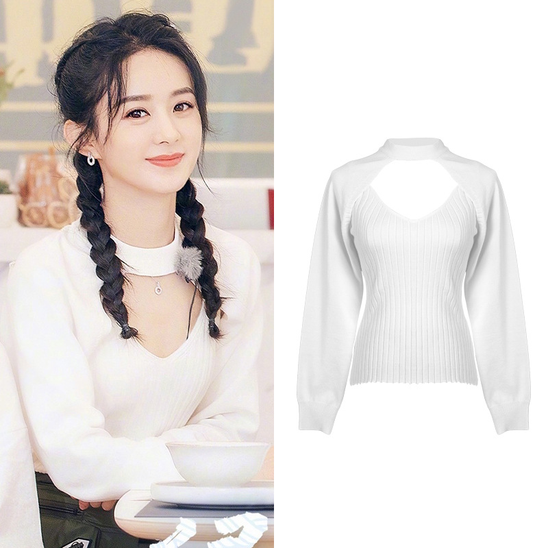 赵丽颖明星同款针织上衣女2020早秋新款外穿爱心镂空领口修身毛衣