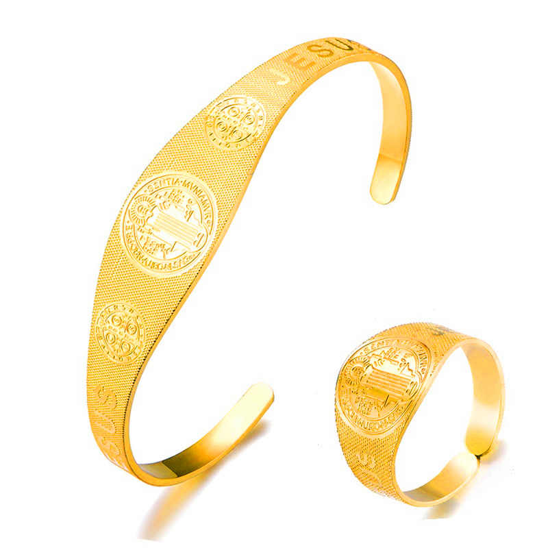 不锈钢天主教圣本笃圣牌手镯 耶稣驱魔人开口可调节手镯 宗教饰品