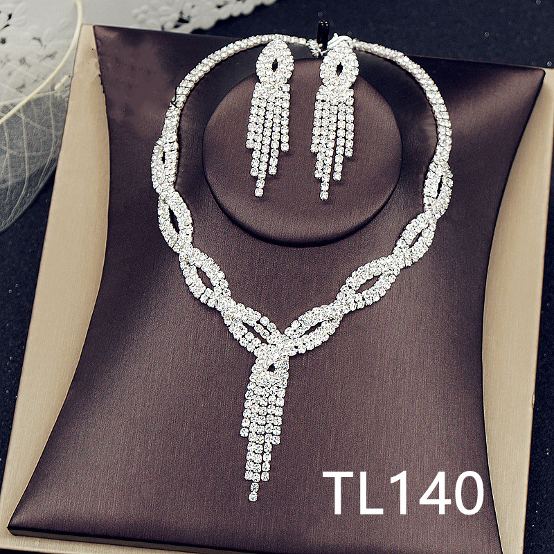 New Necklace and Earrings Suite European and American Style Woven Rhinestone Clavicle Bridal Jewelry Chain Diamond-Embedded Banquet Chain Set