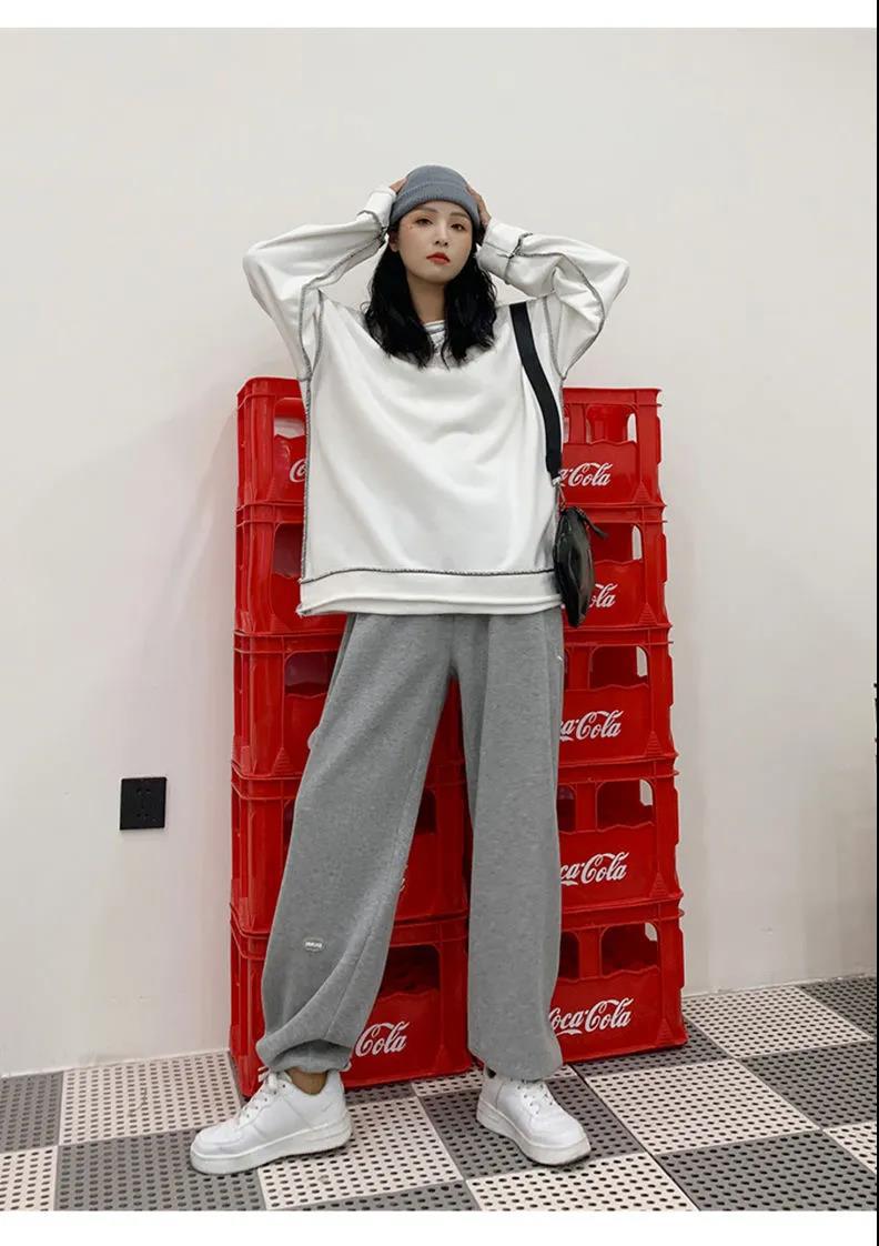 灰色运动裤女宽松束脚秋冬季加绒高腰垂感显瘦百搭休闲直筒阔腿裤