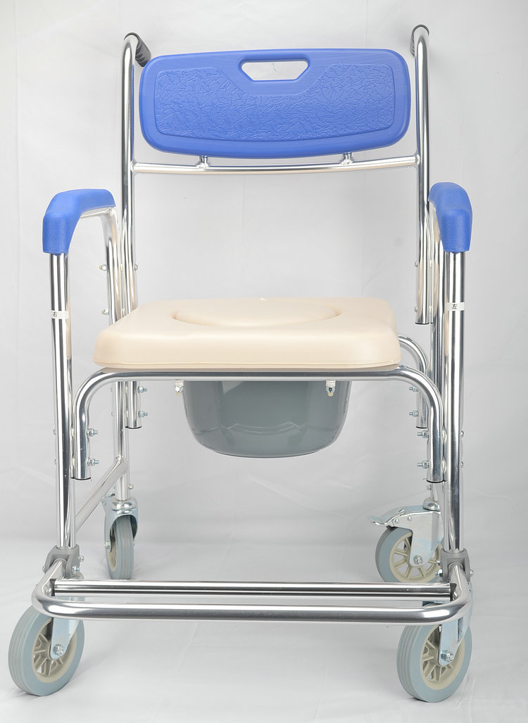佛山轮椅带轮坐便椅铝合金洗澡椅 老人坐便器 孕妇移动冲凉坐厕椅