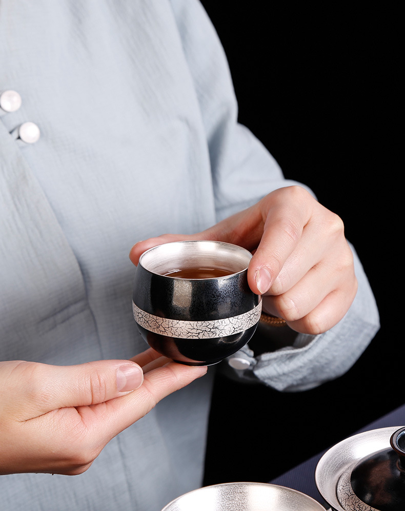 鎏银罗汉杯陶瓷单个主人杯品茗杯功夫茶杯子家用禅定杯黑色单杯