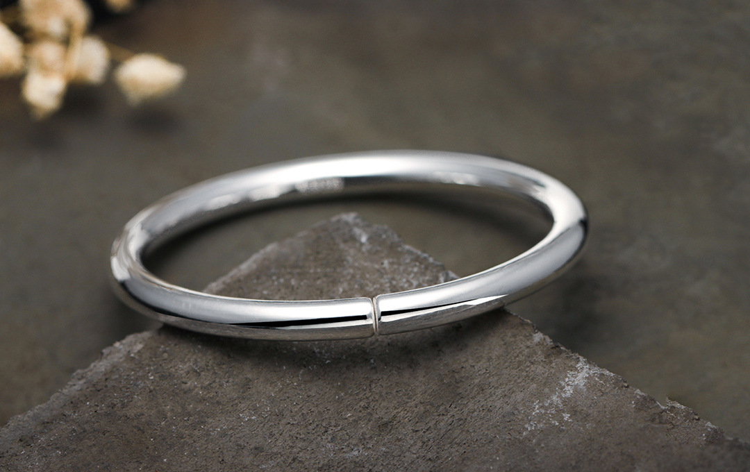 镀银手镯女 999素面光面手工简约时尚情侣开口手环男刻字厂家现货