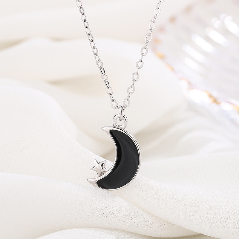 时尚新款999纯银黑色月亮项链女 复古冷淡风星星月牙吊坠锁骨链
